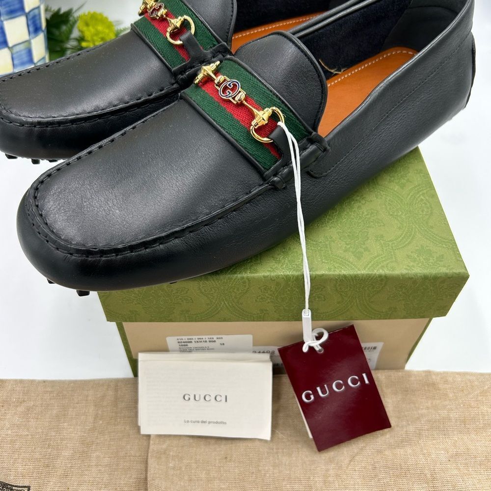 Men’s Gucci atrton web, striped leather driver loafers size 13 fits 13.5 US - Picture 4 of 10